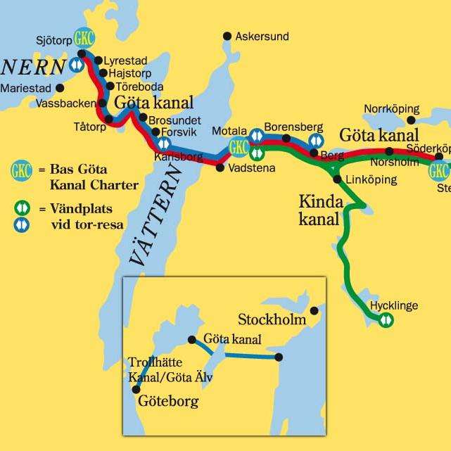 Göta kanal och markerade rutter Karta över Göta kanal och markerade rutter